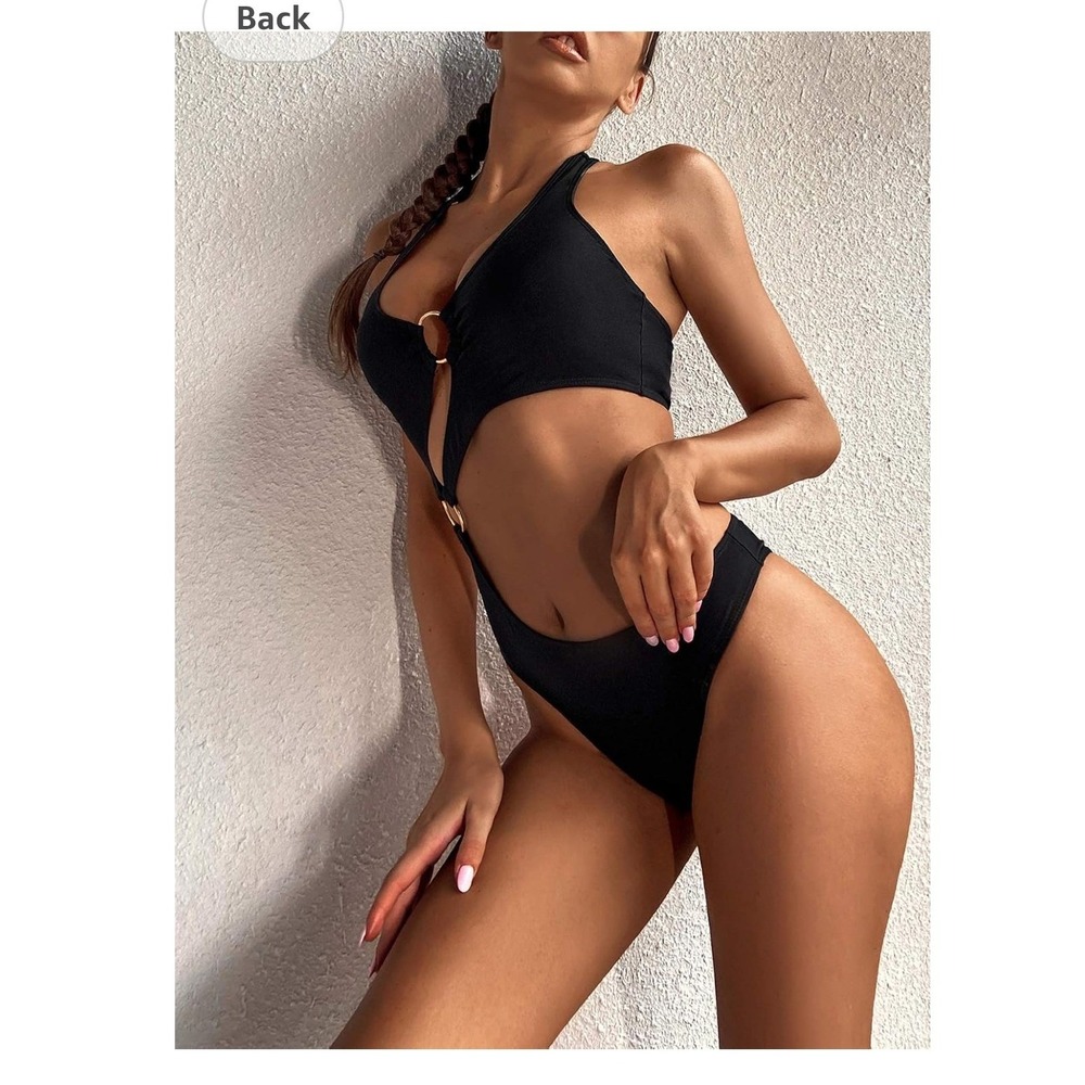 Hisaguhe Black Cutout Monokini Gold O-Ring Halter One Piece Swimsuit NWT Womens
